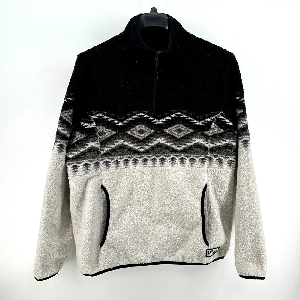 Powder River Outfitters Fleece Men L Cream Black Aztec Sherpa Half Zip Pullover